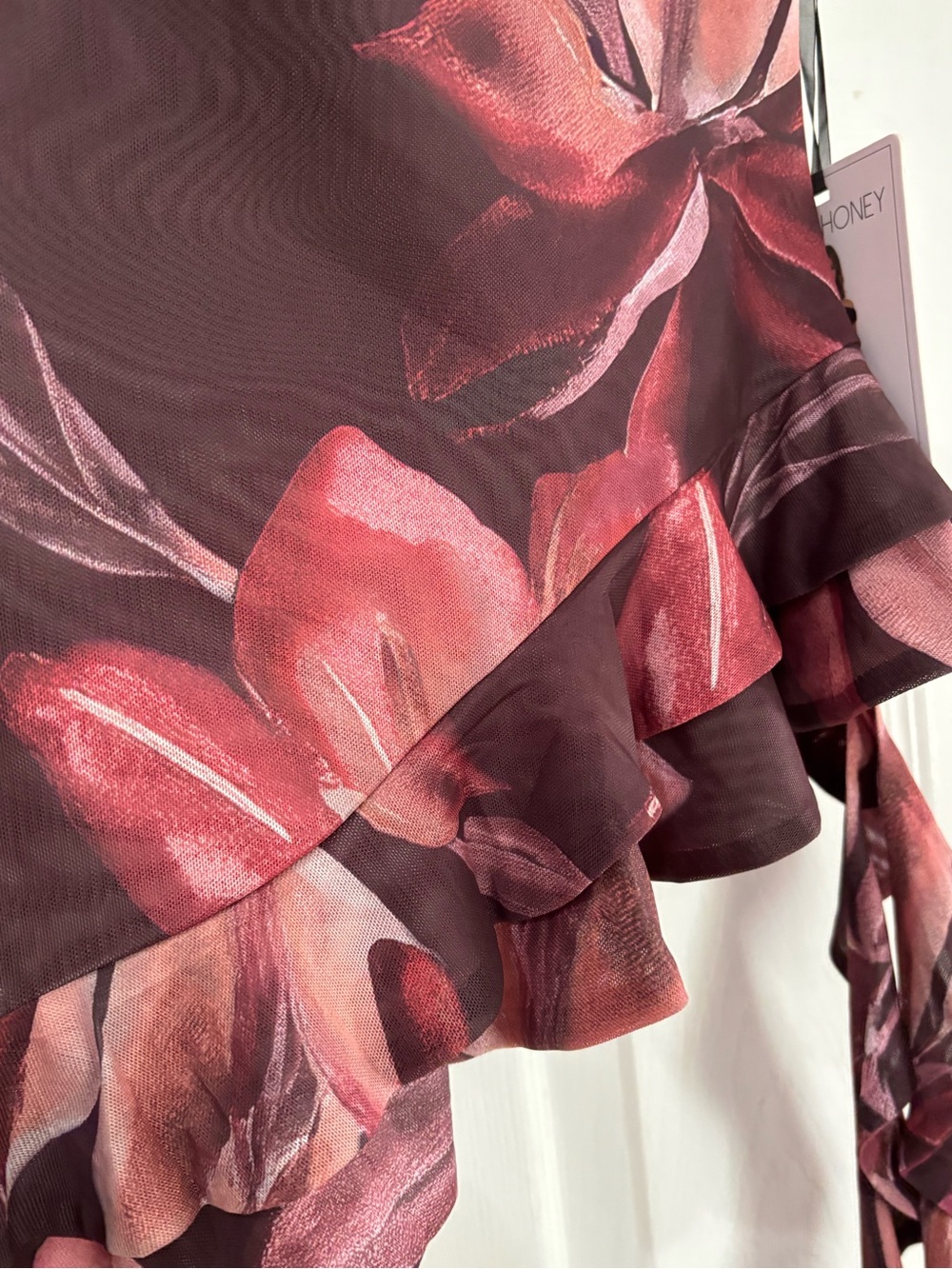 Milk + Honey Burgundy Floral Mesh Asymmetrical Ruffle Top - Medium - Picture 5 of 7